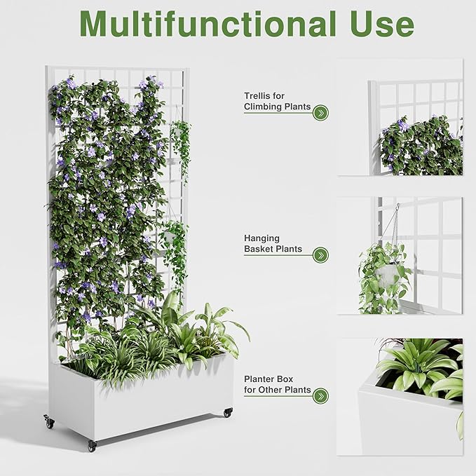 Casaphoria Metal Raised Garden Bed with Trellis and Wheels, 72"x35"x16" Planter Box for Climbing Plants, Vegetables & Vines, Features Drainage Holes and Privacy Screen (White-Square)
