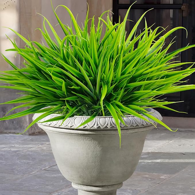 Uieke 28 Bundles Artificial Outdoor Plants UV Resistant Fake Grass Plants Faux Plastic Plants Greenery Shrubs for Home Garden Pathway Window Box Front Porch Spring Summer Decor, Green