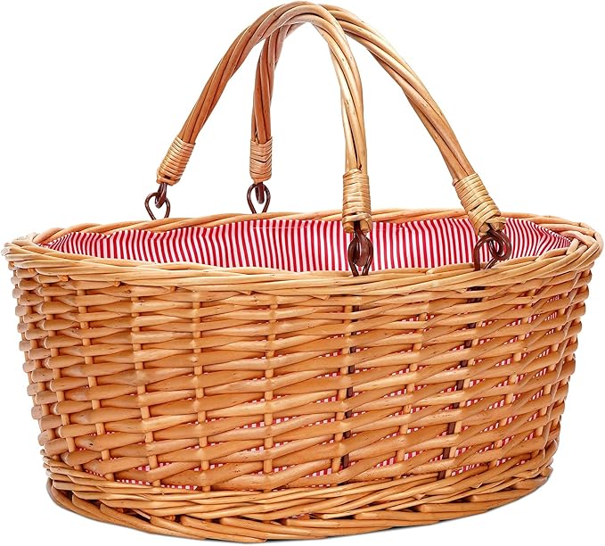 Wicker Picnic Basket with Double Folding Handles, Natural Large Willow Hamper Empty Basket Cheap Easter Eggs Candy Storage Wine Basket for Toy, Flower, Wedding（Red 16inch）