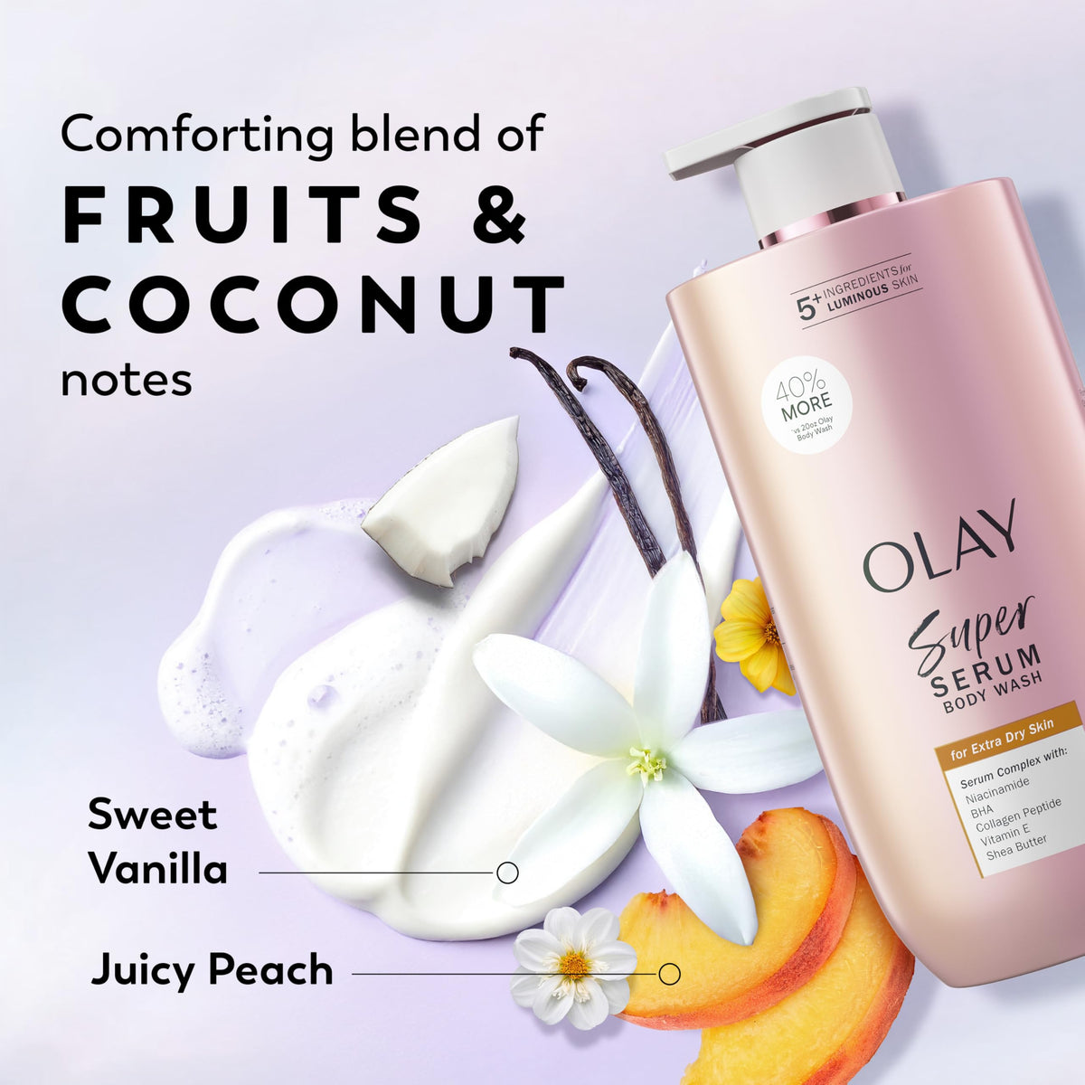 Olay Super Serum Body Wash for Extra Dry Skin, 24hr Long Lasting Rich Hydration, 5+ Ingredient Complex for Bright, Even, Firm, & Luminous Skin, with Collagen Peptide, Vitamin C & Shea Butter, 28 fl oz