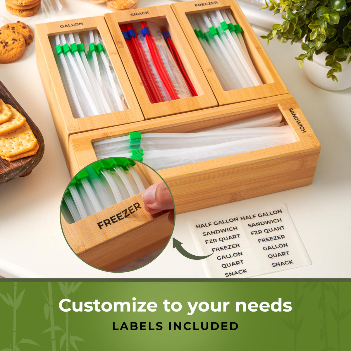Bamboo Storage Bag Organizer for Kitchen Drawer, Plastic Baggie Organizer