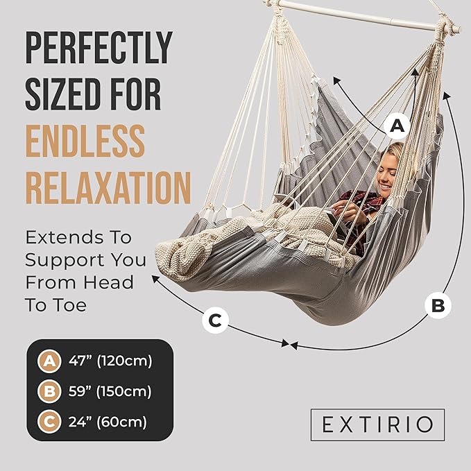 Hanging Hammock Chair Swing – Hanging Chair Outdoor & Indoor - Hammock Swing Chair – Quick & Easy Setup with Hardware Kit – Durable & Spacious Full Body Support – Holds 440 Lbs