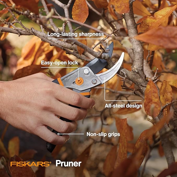 Fiskars House Plant Starter Tool Gift Set with Bypass Pruner, Trowel, Cultivator, and L/XL Garden Gloves, Accessories for Indoor Gardening (4 Piece Kit)