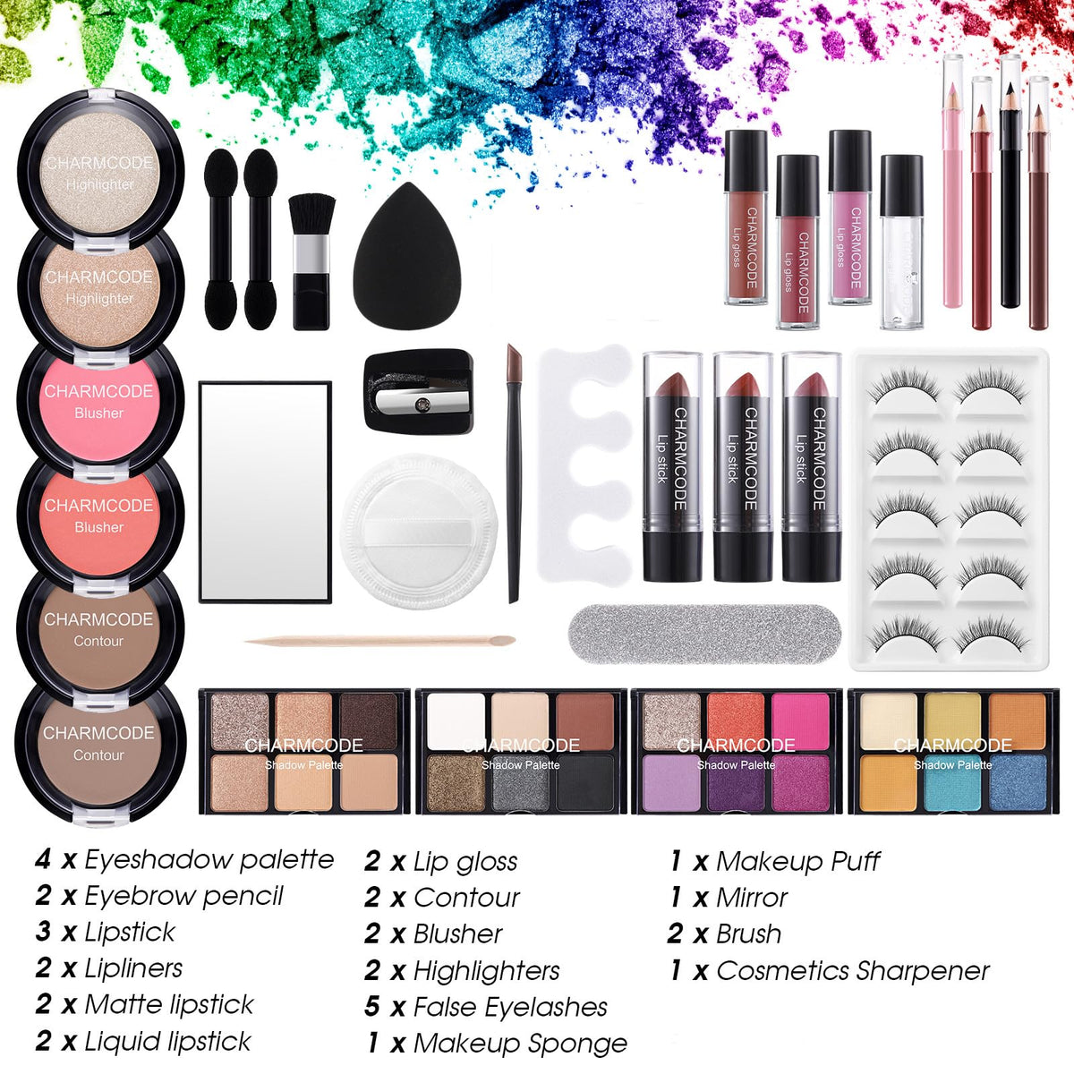 Makeup Kit for Women Full Kit - Eyeshadow Palette, Lipsticks, Lipgloss, Blushes, Contour, Highlighters, Makeup Pencil, False Eyelashes, Re-usable Train Case Gift Set for Teen Girls Starters Pros