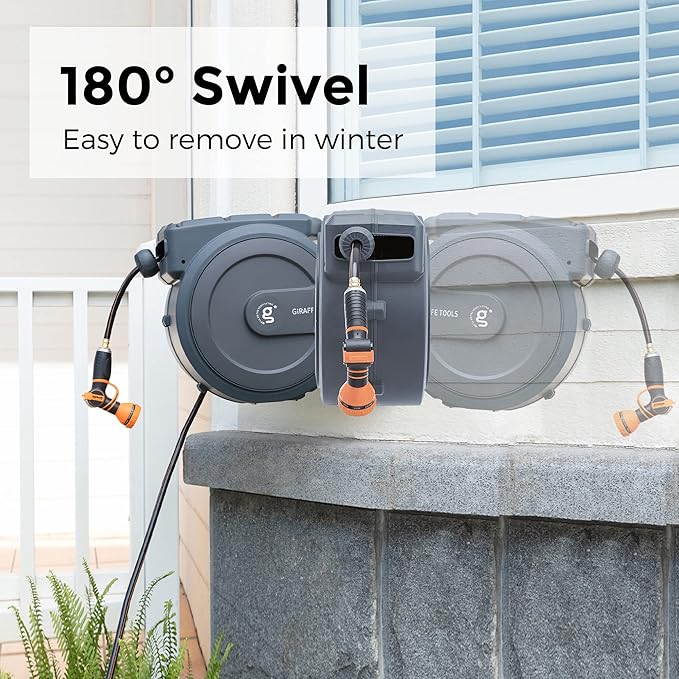 Giraffe Tools AW405/8MB Retractable Garden Hose Reel 5/8" x 90 ft PRO Metal Bracket, Heavy Duty, Any Length Lock Hose Reel, 90ft, Dark Grey