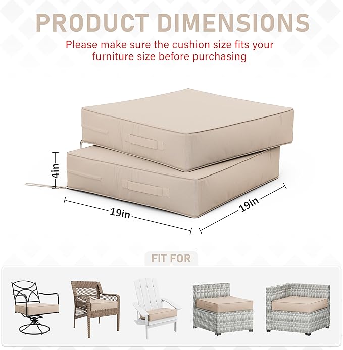 Patio Chair Cushions 19 X 19 X 4 Inch Waterproof Outdoor Seat Cushions for Patio Furniture, Outdoor Sofa Couch Pads with Ties & Handle, Set of 2, Sand