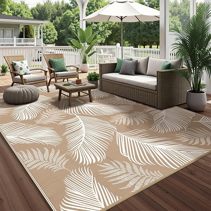 Pauwer Waterproof Outdoor Rug 9x12, Reversible Plastic Straw Patio Camping Rug, Indoor Outdoor RV Mat Carpet for Deck, Camper, Porch, Balcony, Backyard, Picnic, Leaf Brown