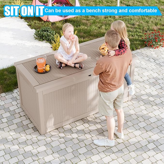 260 Gallon Large Resin Deck Box, Lockable Outdoor Storage Box for Patio Cushions Storage Furniture,Garden Tools, Pool Supplies, Weatherproof and UV Resistant- Grey Rattan (260 Gallon)