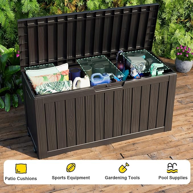 75 Gallon Waterproof Outdoor Storage Box,Resin Deck Box,Lockable Outside Storage Box Container for Patio Furniure,Garden,Pool Tools (75 Gallon,Black)