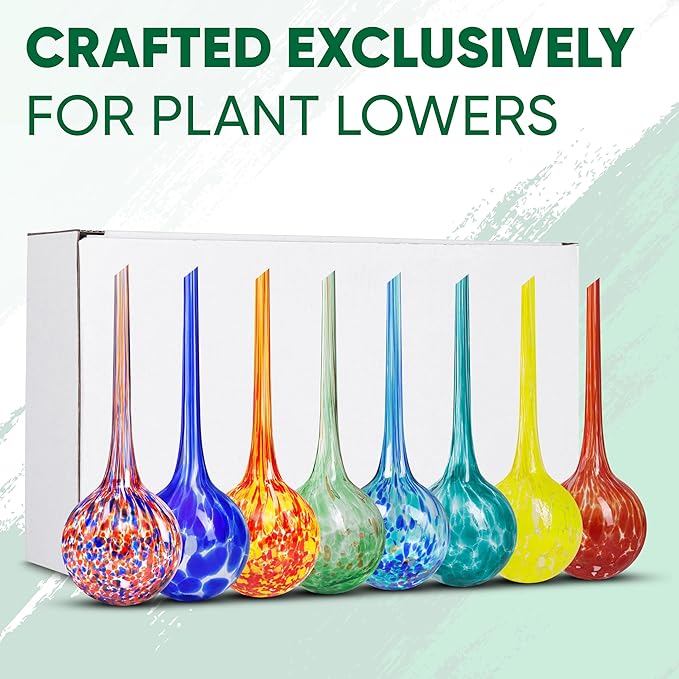 Plant Watering Globes Set of 8 - Large Self Watering Globes for Indoor & Outdoor Plants - Multicolored, Automatic, Glass Watering Bulbs for Daily Use, Plant Watering Devices