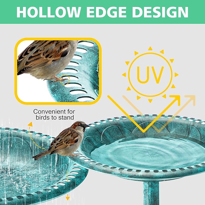 Bird Bath for Outside with 4 Removable Flower Planters 28in Polyresin Lightweight Vintage Birdbath Stake Standing Bowl and Water Feeder Yard Gardan Decor Green