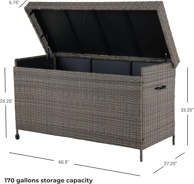 Grand patio 170 Gallon Deck Storage Box Deck Box Outdoor Storage Box Indoor Wicker Storage Bin Patio Storage Box for Patio Furniture Cushions Garden Tools Pool Accessories, Light Brown