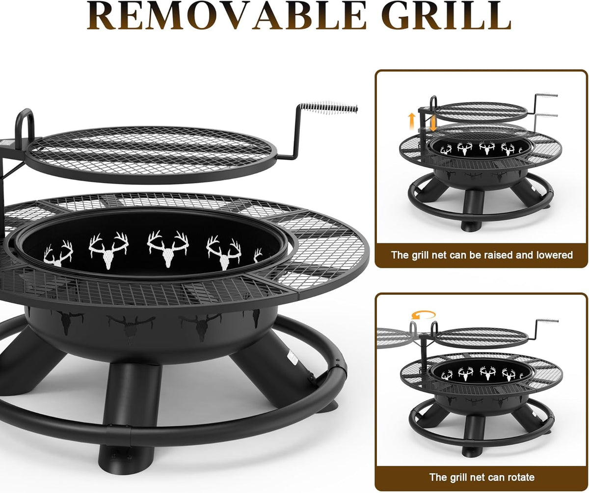BALI OUTDOORS Fire Pit with Poker, Outdoor Fire Pit Extra Large, Wood Burning Firepits for Outside with Grill, 47 inch