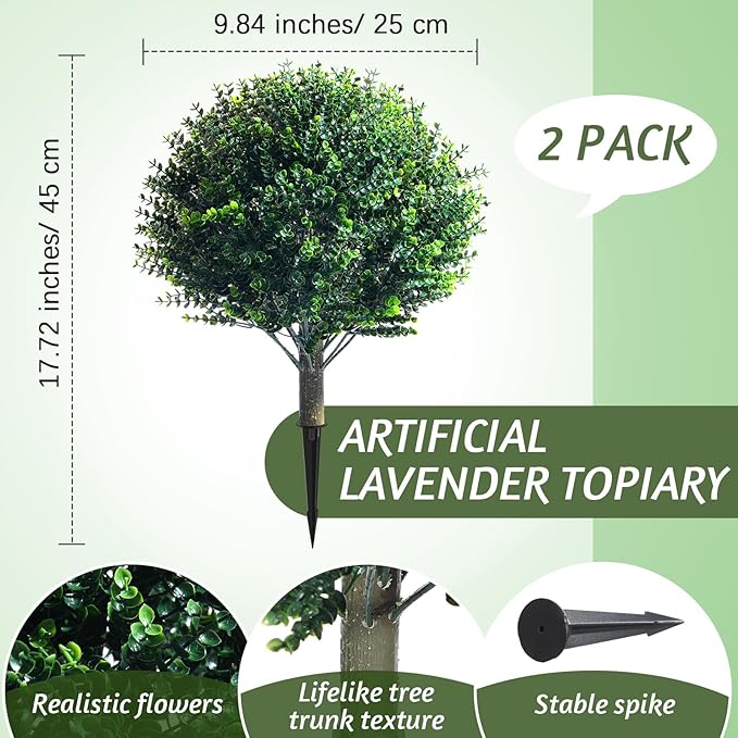 Yunlly 6 Pcs 18 Inch Artificial Boxwood Ball Topiary Tree Fake Outdoor Plants Bush, UV Resistance Faux Shrubs with Spike Realistic Greenery Potted for Indoor Garden Yard Porch Patio Decor (Dark Green)