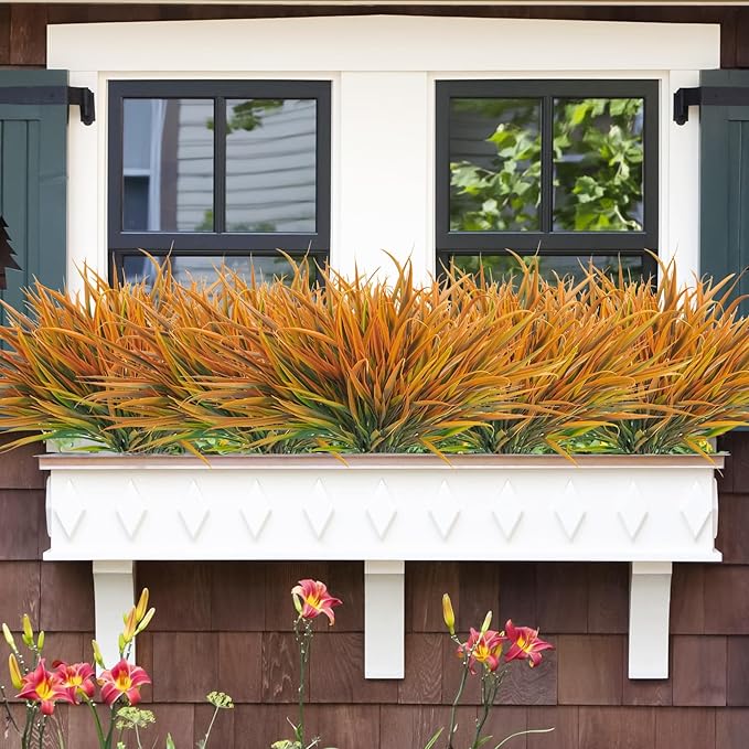 Uieke 28 Bundles Artificial Outdoor Plants UV Resistant Fake Grass Plants Faux Plastic Plants Greenery Shrubs for Home Garden Pathway Window Box Front Porch Cemetery Fall Decor, Autumn Orange