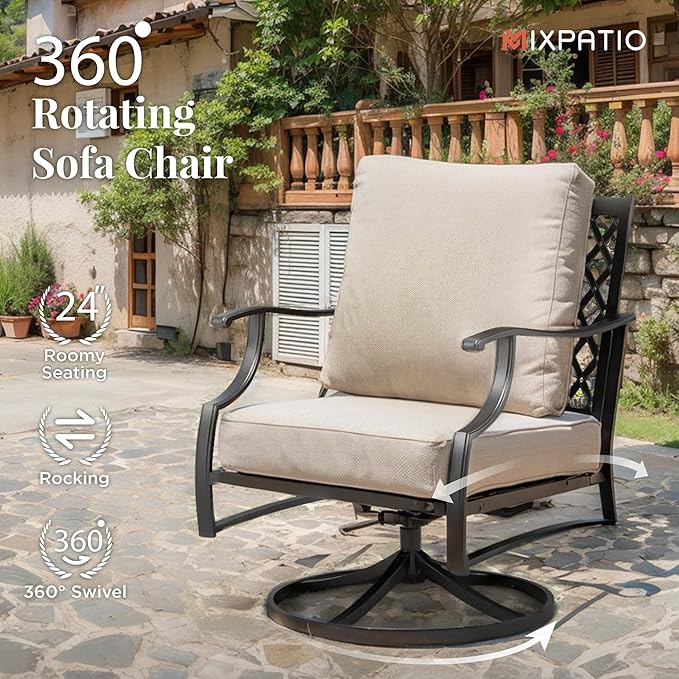 Patio Furniture Set with Fire Pit Table, 5 Pcs Metal Outdoor Conversation Set, 4 Swivel Chairs with 5.75" Extra Thick Cushion and 28" Fire Pit Table for Backyard Deck, Beige