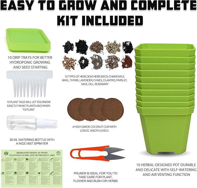 10 Herb Seeds Garden Starter Grow Kit with Green Pots, Markers, Nutritional Soil, Watering, Herb Clipper, Complete Indoor Potted Plant Growing Set for Kitchen DIY