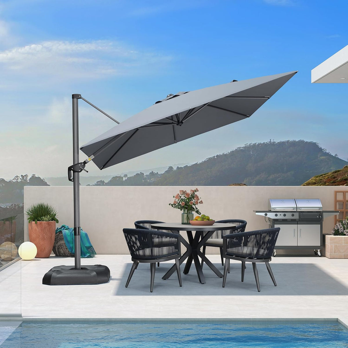 PURPLE LEAF 9 Feet Patio Umbrella Outdoor Cantilever Square Umbrella Aluminum Offset Umbrella with 360-degree Rotation for Garden Deck Pool Patio, Light Grey
