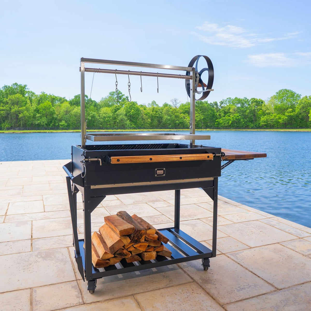 Backyard Discovery Argentine Santa Maria Heritage Wood Fire & Charcoal BBQ Grill with Adjustable Grill Grates, Fire Bricks, Heavy-Duty Steel, S-Hooks, Acacia Wood Table for Outdoor Gaucho Grilling
