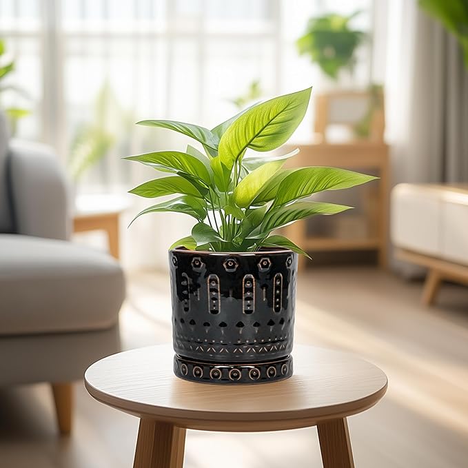 Ceramic Plant Pots - 6 Inch Ceramic Planter for Indoor Outdoor, Round Flower Pots with Drainage Hole and Plant Saucer, Boho Decorative Small Planter, House Decor, Gifts for Gardeners, Black