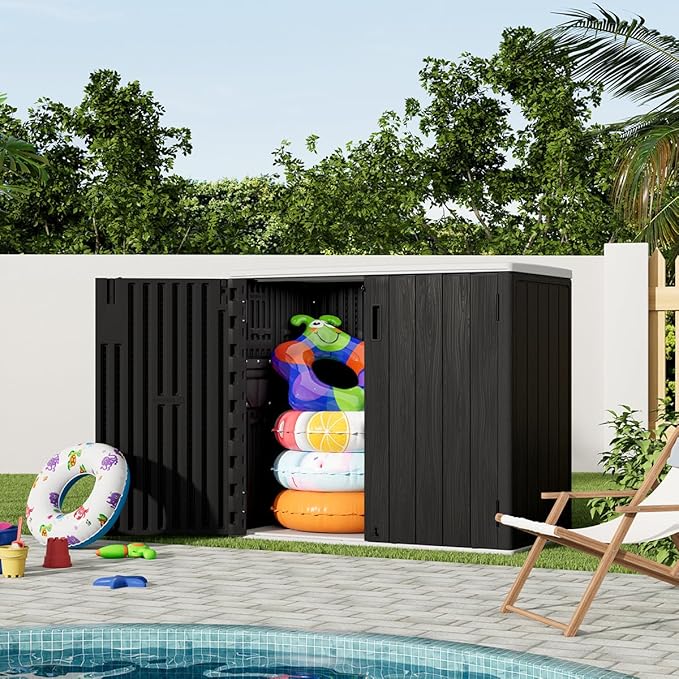 KINYING Outdoor Horizontal Storage Sheds,37 Cu.ft Outdoor Storage Cabinet Waterproof Resin Tool Storage Box for Lawn Mower,Garden Tools and Patio Furniture, Lockable (Black)
