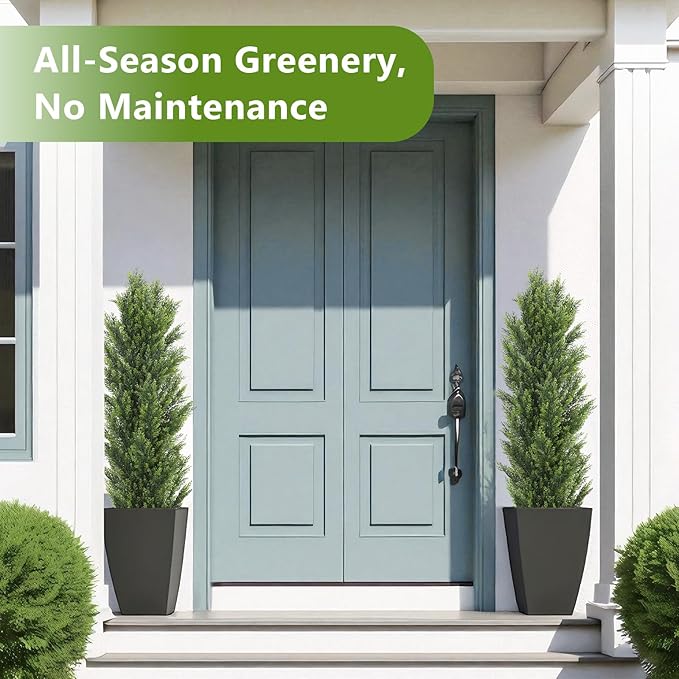 THE BLOOM TIMES 5ft Topiary Trees Artificial Outdoor – UV Resistant Faux Cedar Pine Cypress Bushes and Shrubs, Fake Potted Plants for Front Porch Outside Planter Patio Decor, Set of 2 (5 Foot)