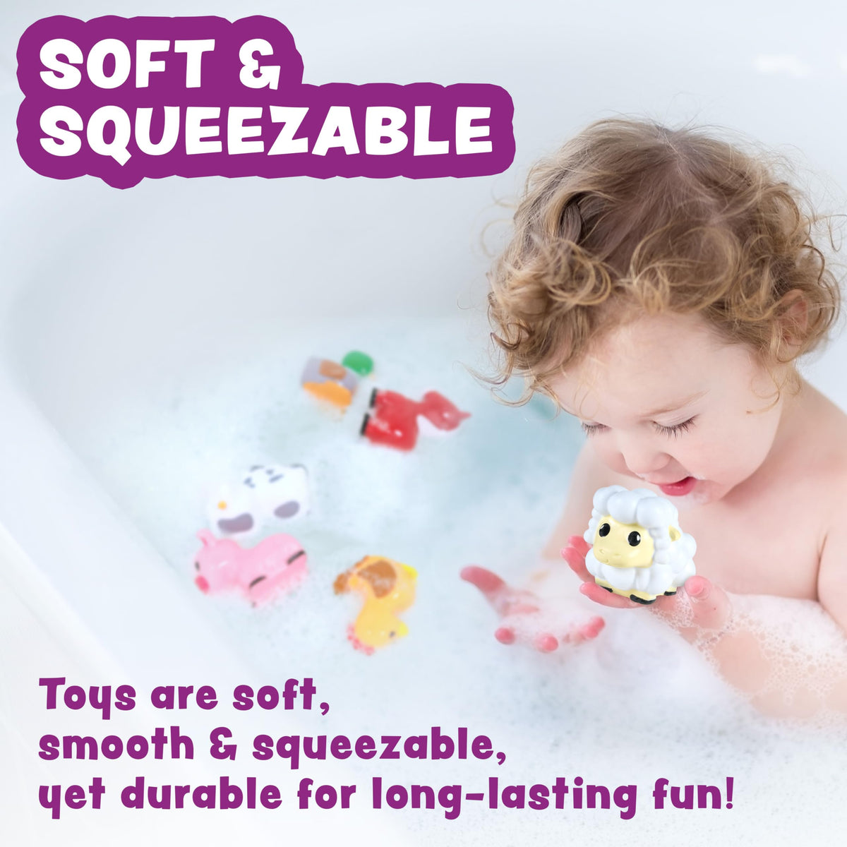 Tub Works® Barnyard™ Mold Free Bath Toys, 6 Pack | Sealed, No Hole Bath Toys Design Keeps Moisture Out | Soft, Squeezable & Float on Water | Farm Animals Baby & Toddler Bathtub Toys | Baby Pool Toys