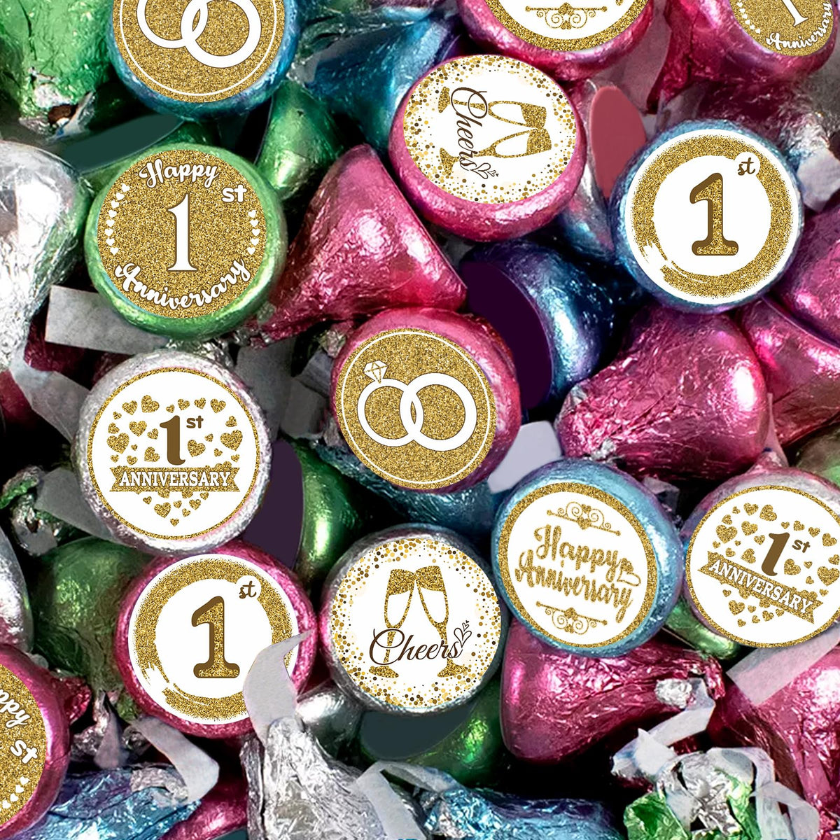 Gold 1st Anniversary Chocolate Kiss Stickers,180 Count, 0.75" Chocolate Drop Labels for Kisses, 1st Wedding Anniversary Party Favors Labels