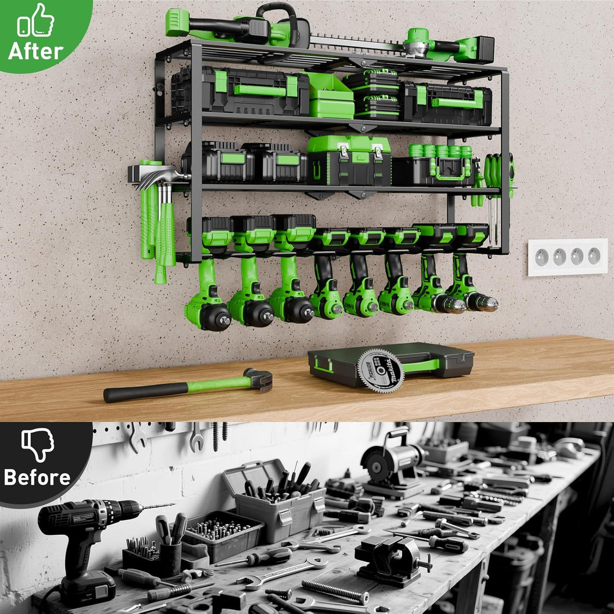 Power Tool Organizer Wall Mount, 4 Layers Tool Storage Rack with 8 Cordless Drill Holders, Power Tool Shelf Loads 400lbs for Garage, Warehouse, Workshop, Gifts for Men, Husband (Bohemian)
