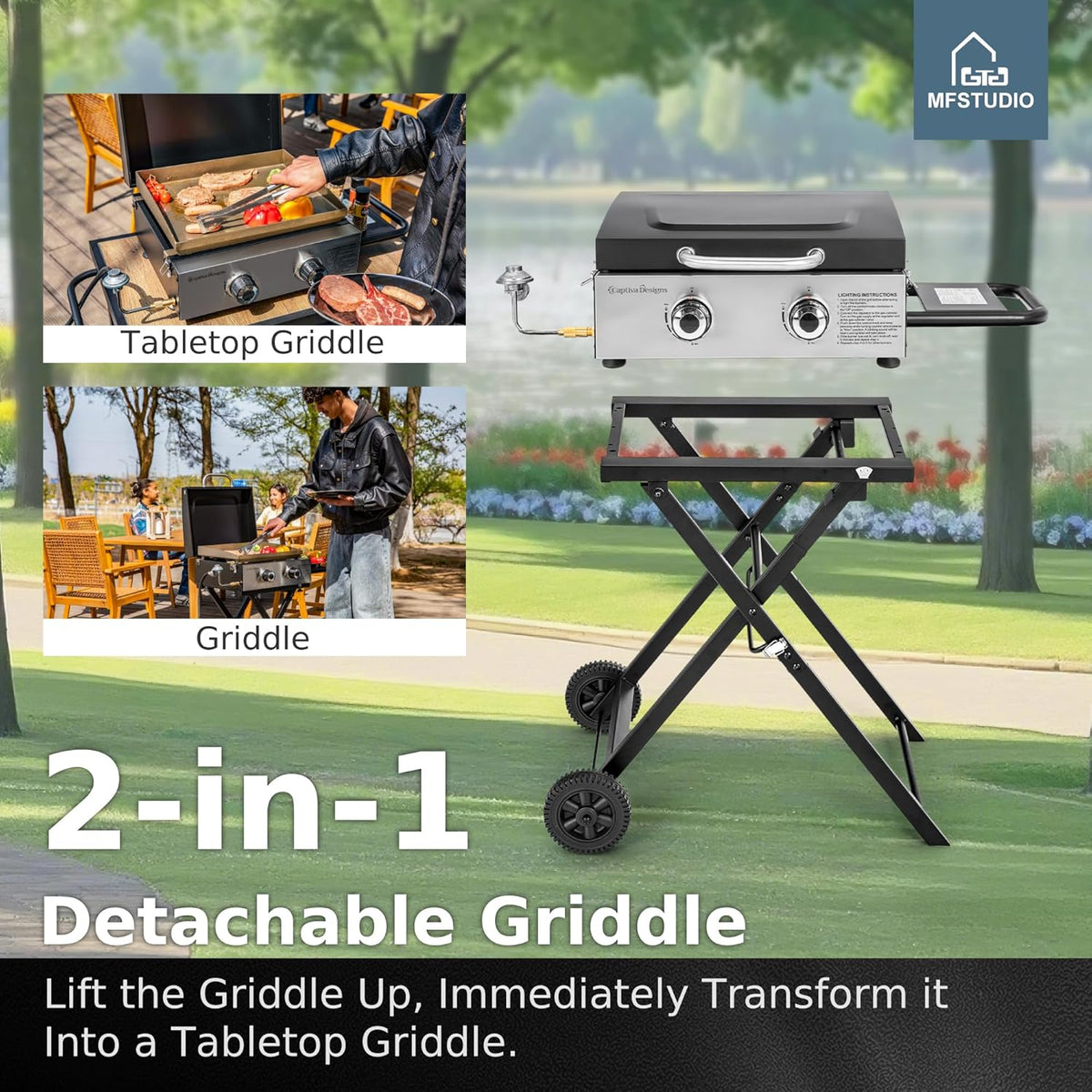 MFSTUDIO Small Portable Propane Griddle, 2 In 1 Gas BBQ Travel Grill with Foldable Stand, Compact and Light Countertop Grills with 2 Burners and Side Table, for Outdoor Cooking, Camping and Roadtrip