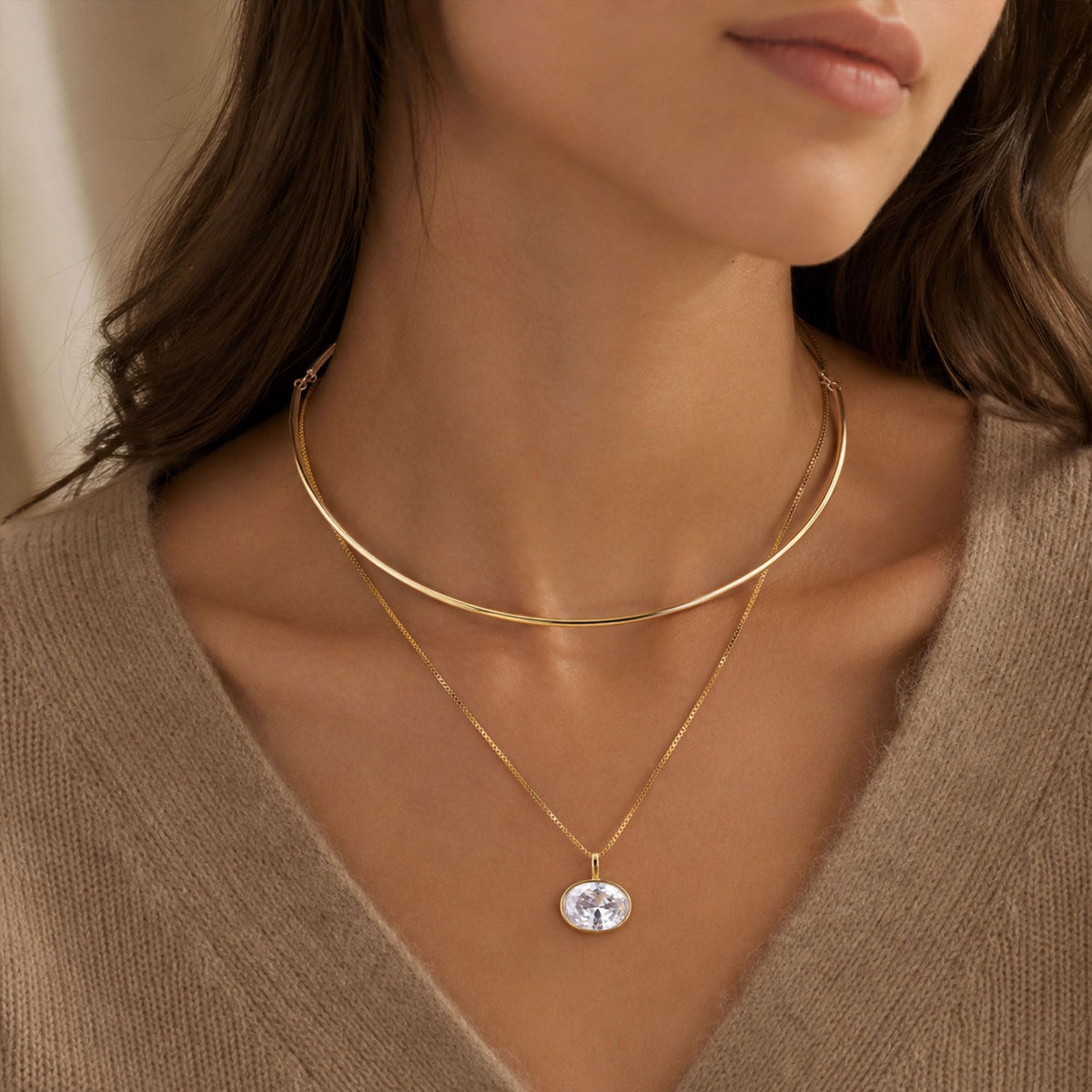 Oval CZ Gold Collar Charm Necklace for Women Layered Bangle Choker Necklace