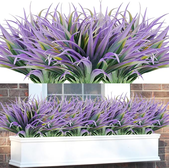 16Pcs Artificial Grass Fake Plants 17.3in Outdoor Plants UV Resistant Faux Greenery Stems Fake Grass for Home Window Garden Office Patio Pathway Front Porch Halloween Décor Green & Purple