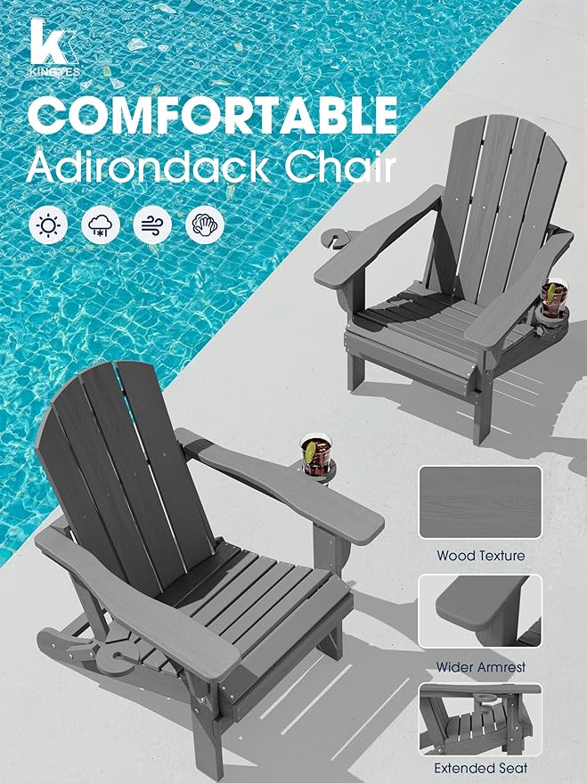 KINGYES Folding Adirondack Chair with Dual Cup Holders - HDPE All-Weather Outdoor Chairs, Grey