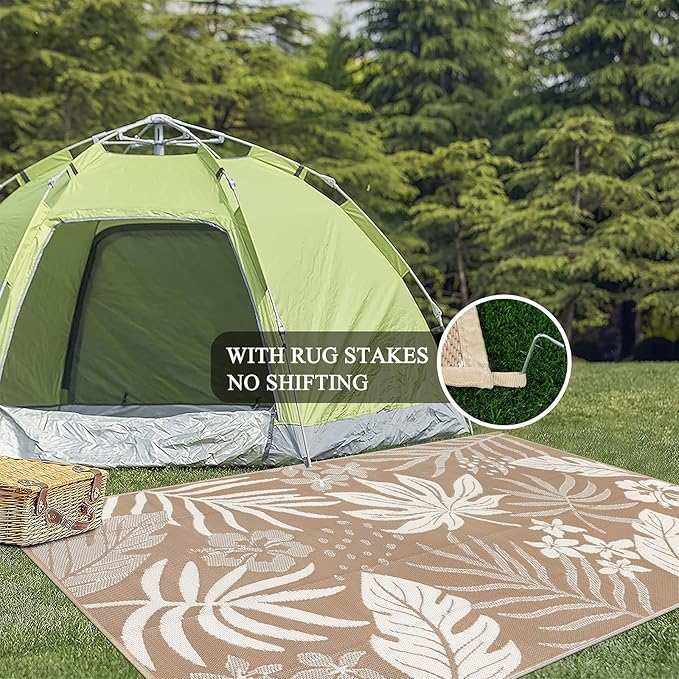 Pauwer Waterproof Outdoor Rug 6x9, Reversible Plastic Straw Patio Camping Rug, Indoor Outdoor RV Mat Carpet for Deck, Camper, Porch, Balcony, Backyard, Picnic, Floral Brown