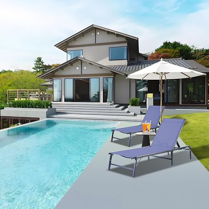 Outdoor Chaise Lounge Chair Set of 2, Foldable & Assemble-Free, 6 Adjustable Positions, Durable Rust-Resistant Frame, Portable Outdoor Pool Lounge Chairs for Pool Patio Beach, Blue