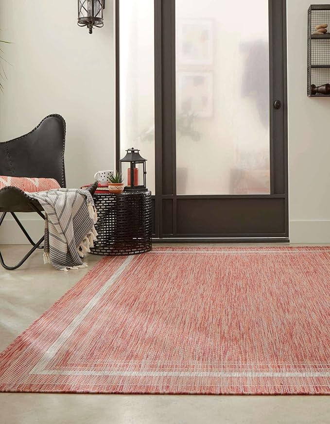 Unique Loom Outdoor Border Collection Area Rug - Soft Border (10' x 13' 1" Rectangle Rust Red/Ivory)