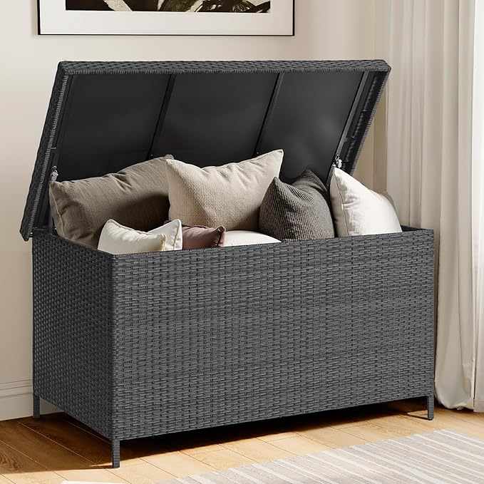 158 Gallon XL Deck Box with Lid, All Weather Wicker Outdoor Storage Box Waterproof, Large Outdoor Patio Storage Bin for Cushions, Garden Tools, Gears, Pool Accessories, Black