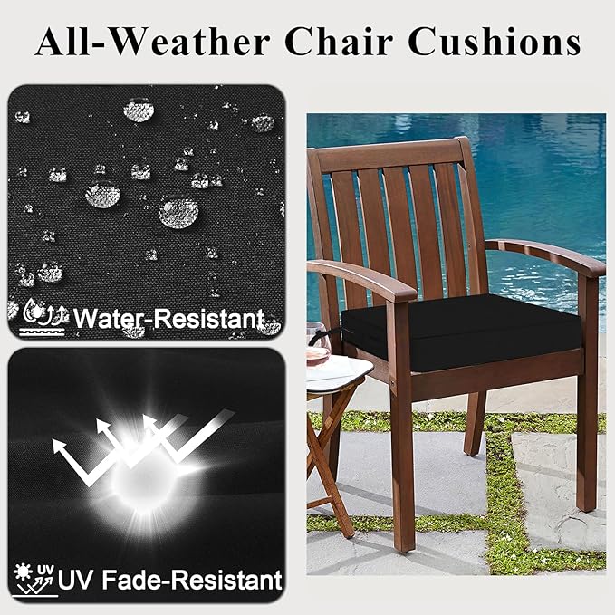 Outdoor Chair Cushions Set of 2 for Patio Furniture 24x24x4 Inch Waterproof Patio Chair Cushion 3 Year Color Fastness Square Elastic Foam Garden Couch Pads with Ties and Handle,Black