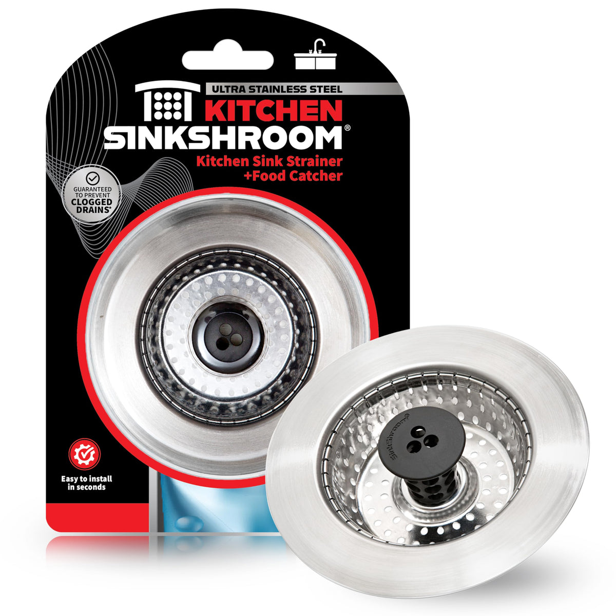 Kitchen SinkShroom Revolutionary Clog-Free Stainless Steel Sink Strainer, Black, 1-(Pack)
