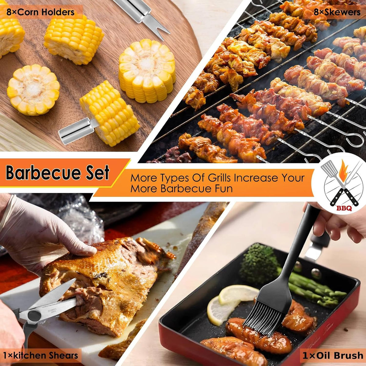 Yoehka BBQ Grilling Accessories Set, 34Pcs Heavy Duty Grill Tools for Outdoor Camping, Grilling Gifts for Men Dad, Stainless Steel Barbecue Utensils Kit with Mats and Glove in Carrying Bag, Brown