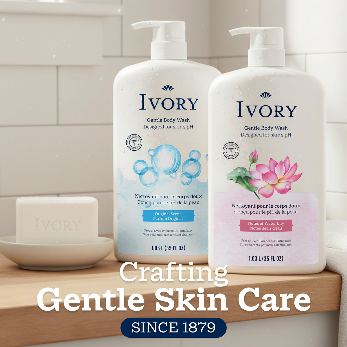 Ivory Body Wash, Designed for the Whole Family, Gentle Formula, Free of Dyes Heavy Perfumes Parabens Phthalates & Silicones, Designed for Skin's pH, Water Lily Scent, 35 oz