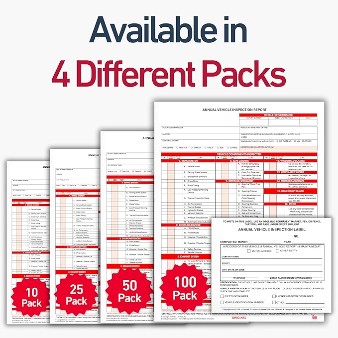 25 Pack 3-Ply Carbonless Annual Vehicle Inspection Report Forms with FMCSA 2-Ply Mylar Laminate Adhesive Vinyl Labels, DOT Inspection Forms and Stickers, Shrink-Wrapped, 8.5" x 11.75" - Made in USA