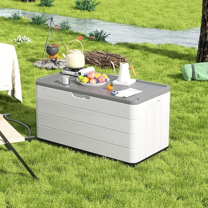 100GAL White Resin Deck Box with Wheels – Lockable, Waterproof, SGS-Tested UV Resistance, Spacious Outdoor Storage for Patio Cushions & Pool Gear, Easy Assembly