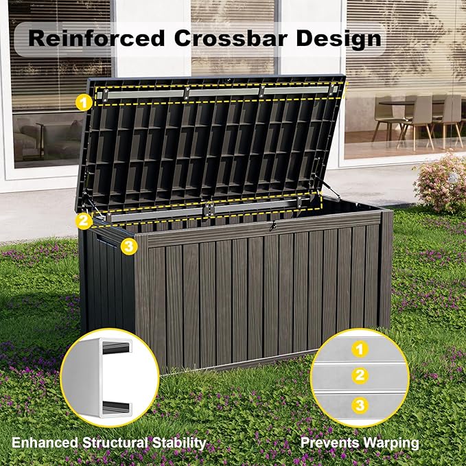150 Gallon Outdoor Deck Box,Storage Lockable Waterproof Patio Furniture,Garden Tools,Cushions,Pool Accessories Outside Storage Resin Box(Black)