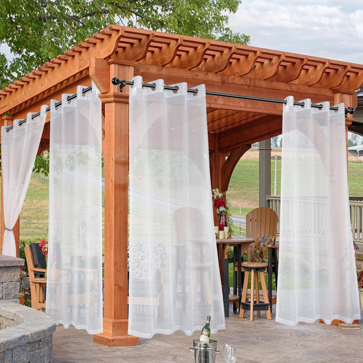 HolidayIdeas White Outdoor Sheer Curtains for Patio Waterproof, 2 Panels - 54 x 120 Inch - Light Filtering Voile Outside Curtains Grommet Drapes for Front Porch, Gazebo, Pergola, Backyard