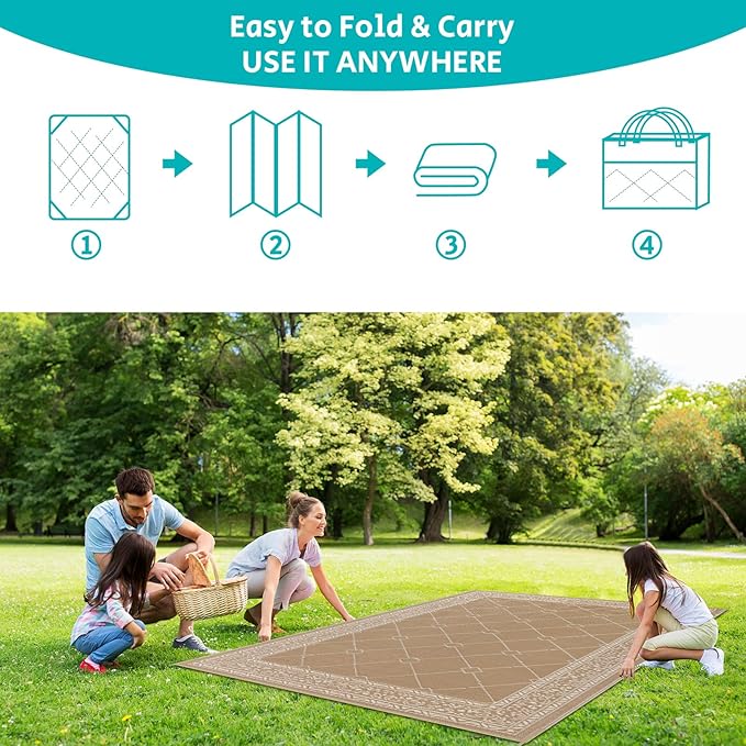 HEBE Outdoor Rug Waterproof 9x12, Reversible Plastic Straw Rug RV Camping Rug, Indoor Outdoor Patio Mat Clearance, Outside Carpet for Porch,Deck,Camper,Balcony,Backyard,Picnic