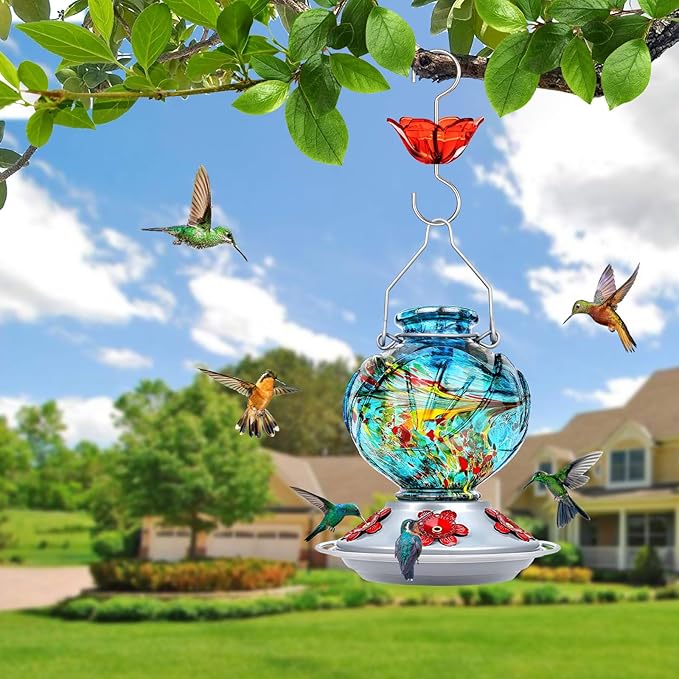 BOLITE Hummingbird Feeder, Hand Blown Glass Hummingbird Feeders for Outdoors Hanging, with Ant Moat and 5 Feeding Ports, 22 Ounces, Peony Flower Shape, Blue, Gifts for Women Men, Gifts for Mom Dad