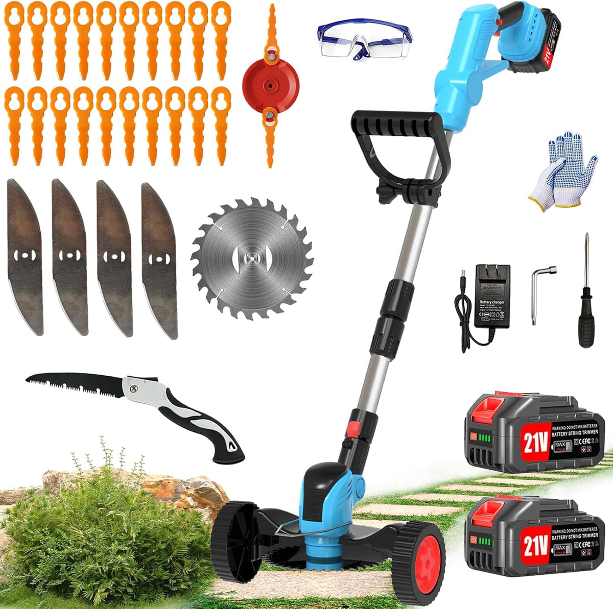 Electric Weed Wacker Cordless Eater Battery Powered Eater Lightweight Edger Portable Stringless Grass Trimmer/Lawn Mower/Brush Cutter, with 3 Types Blades & Wheels for Yard and Garden-Blue