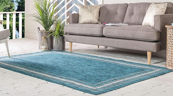 Unique Loom Outdoor Border Collection Area Rug - Soft Border (5' 1" x 8' Rectangle, Teal/ Ivory)