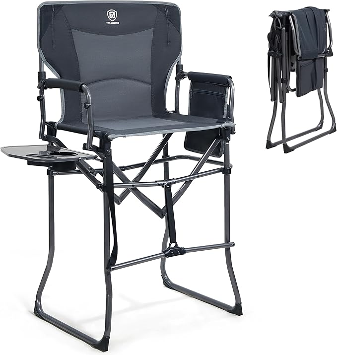 EVER ADVANCED Portable 30.7" Seat Height Tall Folding Camping Chair Directors Chair High Foldable Bar Stool with Side Table for Makeup Artist, Sports Event, Craft Show, Supports 350LBS Grey